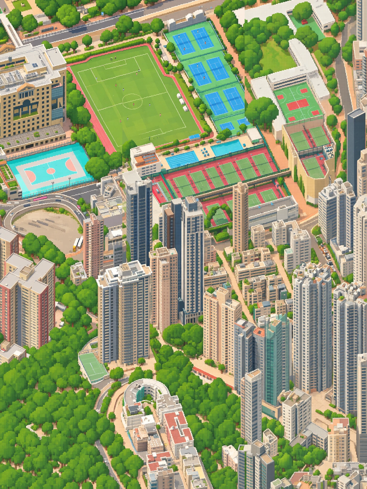 Hong Kong parks, buildings and sports grounds in pixel art